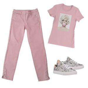 Rose Pink Straight Leg Jean with Lace Up ankle.  Size Petite Small